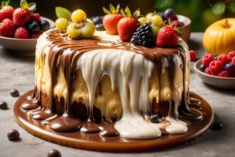 <lora:ral-melting:1> ral-melting, cheese cake with chocolate, whip cream, fruits, <lora:EnvyBetterHiresFixXL01:1>, 8k uhd, dslr, soft lighting, high quality, film grain, Fujifilm XT3, raw, photo_realistic, realistic, (highly detailed skin:1.1), visible pores, subsurface scattering