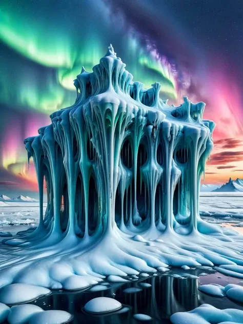 A frozen landscape where the ice and snow are ral-melting into surreal sculptures that glisten under the aurora borealis <lora:ral-melting:1> <lora:EnvyBetterHiresFixXL01:0:hr=1>
