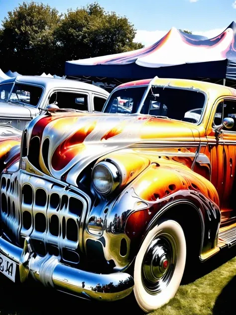 A classic car show with vintage models ral-melting into glossy ribbons of chrome and paint, reflecting their eras in a distorted dance of metal <lora:ral-melting:1> <lora:EnvyBetterHiresFixXL01:0:hr=1>