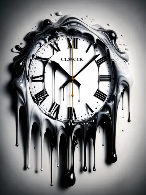 Ral-melting painting of a clock whose face is melting, the numbers and hands dripping down like paint, symbolizing the distorted nature of time and reality. <lora:ral-melting:1> <lora:EnvyBetterHiresFixXL01:0:hr=1>