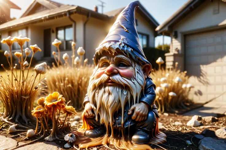 <lora:ral-melting:1> (ral-melting garden gnome, sad),  dried-out front lawn of a house in the suburbs, dry grass, dead flowers, scorching sun, lensflare,, <lora:EnvyBetterHiresFixXL01:1>, 8k uhd, dslr, soft lighting, high quality, film grain, Fujifilm XT3, raw,  photo_realistic, realistic, (highly detailed skin:1.1), visible pores, subsurface scattering
