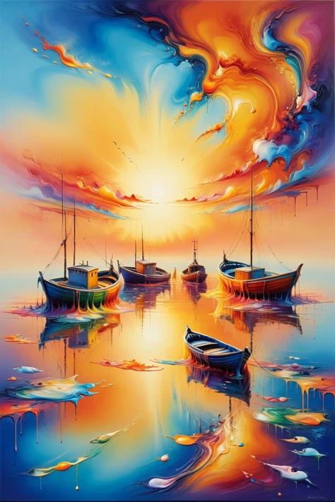 ral-melting,<lora:ral-melting-sdxl:0.8>,
An abstract decorative painting of colorful melted paints showing a view of fishing boats out to sea in the bay,Impressionist,inspired by Monet's Impression Sunrise,