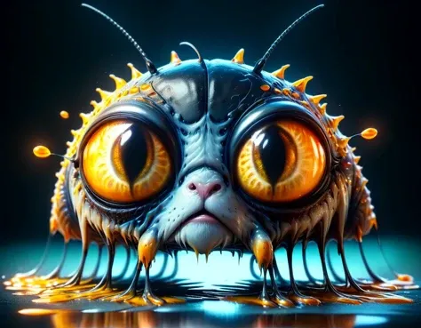 Mix the glowing spores, (cockroach|catfish) and curly fur to create adorable black magical creature with big glowing eyes, masterpiece, Surrealism, close-up, macro photo, f/1.2, backlighting, Kris Kuksi, multicolored hair <lora:bigeyes-v2_16x8-4x1:2.8> big eyes, anime eyes <lora:ral-melting:1.1> ral-melting <lora:add-detail-xl:0.75>, subsurface scattering, ultra hd, 4k, high def, Photorealistic, Hyperrealistic, Hyper detailed, analog style, realistic, masterpiece, best quality, ultra realistic, 8k, Intricate, High Detail, film photography, soft lighting, heavy shadow