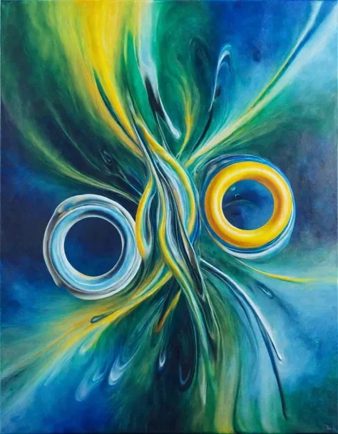 A mesmerizing abstract artwork in the style of Ral-Melting's 'In the Loop:0.0'. The painting consists of several interconnected rings and loops, each one transitioning seamlessly into the next. The colors used are vibrant and inviting, with shades of blue, green, and yellow dominating the palette. The loops appear to be in constant motion, creating a sense of energy and flow. The edges of the painting are blurred, giving it a dreamlike quality. The overall effect is one of unity and connection, as if the viewer is being drawn into the artwork itself.