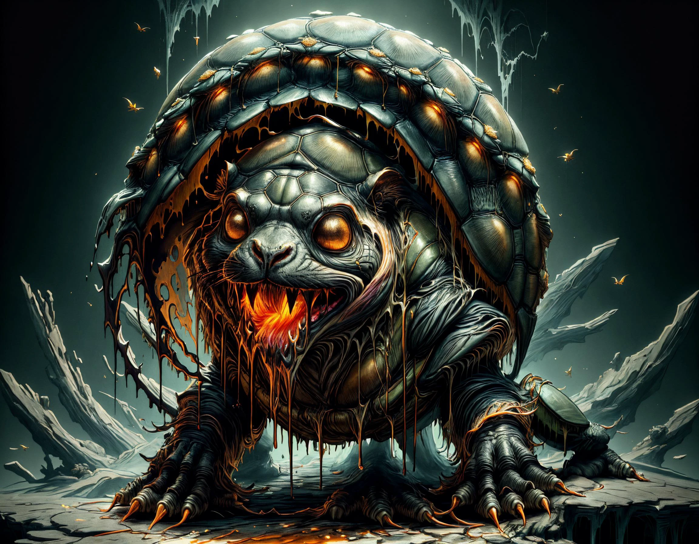 Mix the glowing vines, (cockroach|rabbit|turtle) and curly fur to create adorable black magical creature with big glowing eyes, masterpiece, Surrealism, close-up, macro photo, f/1.2, backlighting, Kris Kuksi, multicolored hair, subsurface scattering, ultra hd, 4k, high def, Photorealistic, Hyperrealistic, Hyper detailed, analog style, realistic, masterpiece, best quality, ultra realistic, 8k, Intricate, High Detail, film photography, soft lighting, heavy shadow <lora:ral-melting-sd15:0.8> ral-melting <lora:ral-zkeleton:0.4> zkeleton