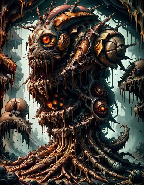 Mix the glowing vines, (snail|rat|fungus) and curly fur to create adorable black magical creature with big glowing eyes, masterpiece, Surrealism, close-up, macro photo, f/1.2, backlighting, Kris Kuksi, multicolored hair, subsurface scattering, ultra hd, 4k, high def, Photorealistic, Hyperrealistic, Hyper detailed, analog style, realistic, masterpiece, best quality, ultra realistic, 8k, Intricate, High Detail, film photography, soft lighting, heavy shadow <lora:ral-melting-sd15:0.8> ral-melting <lora:ral-zkeleton:0.4> zkeleton <lora:RottenTech:0.55> rottentech, scifi, biohazard, filthy