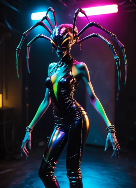 Ombre color scheme of neon pink, neon blue, neon yellow, neon green, neon orange, big eyed (spider:1.1) (alien:1.1), ( disco dancer wearing glossy black halter top with sparkles, bell-bottom pants, strappy sandals, funky headband, shimmery blush ) naoto hattori, jeremy lipking, neon glitch, subsurface scattering, Photorealistic, Hyperrealistic, analog style, realistic, film photography, soft lighting, heavy shadow, 35mm photograph, film, professional, 4k, highly detailed <lora:GigerRainbowXL:0.49> g1h3r, <lora:ral-melting-sdxl:0.28> ral-melting<lora:envyStarlight_v10:0.8> <lora:fx-monsters-XL:0.36>
