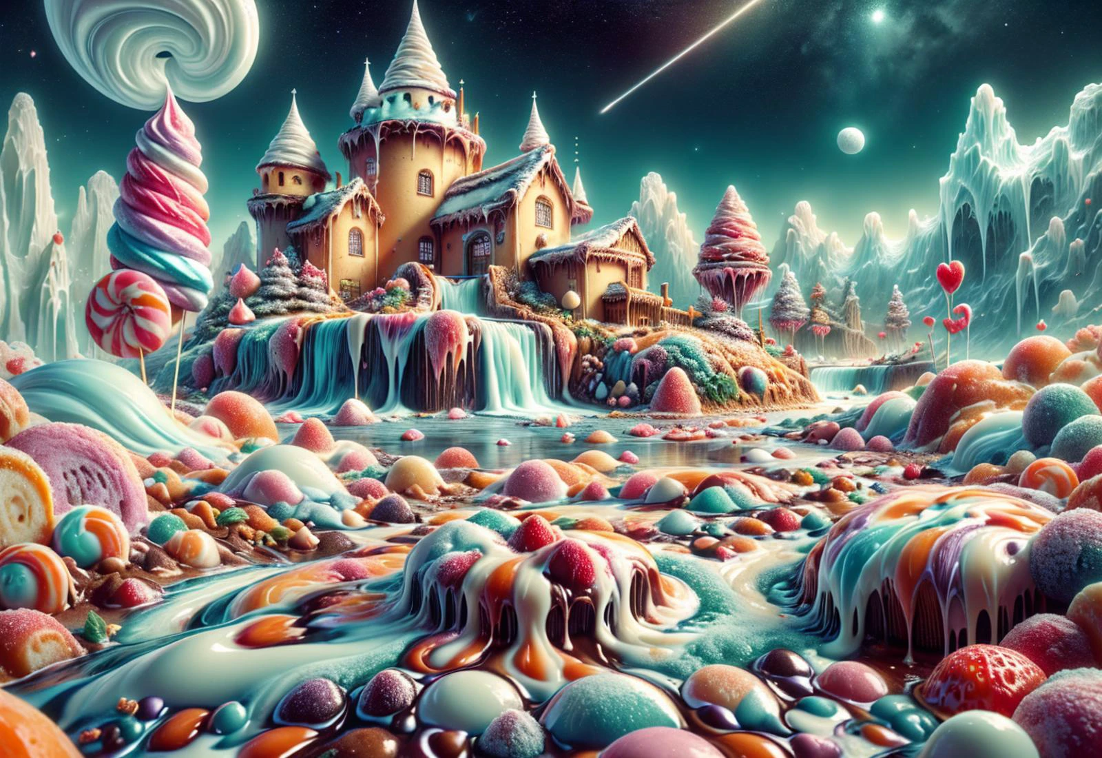 (((land of milk and honey, a fantasy landscape made of sweets and ice: a lake made of strawberry milk, small vanilla chocolate pieces swim in it, , , the strawberry milk lake is surrounded by multicoloured macarons and pastry sticks, , , the landscape consists of peppermint ice cream, , , in the background is a waterfall made of caramel cream flowing into the strawberry lake, , , powdered sugar blows in the wind and covers the land of milk and honey, , , the atmosphere is magical, sweet and fairytale-like))), (sharp focus:1.2), flat color, monochrome, greyscale,, by night, peacful and grateful atmosphere, painted hearts, magical atmosphere, the moonlight casts a beam of light onto the landscape made of desserts, award winning art,, deserted space, fantasy food landscape, detail colour is purple, magical atmosphere, fairytale like, The landscape made of sweets is decorated with white powdered sugar and cream, DonMC4ndyL4nd <lora:DonMC4ndyL4nd:1>, cream made of ral-melting <lora:ral-melting:0.8>