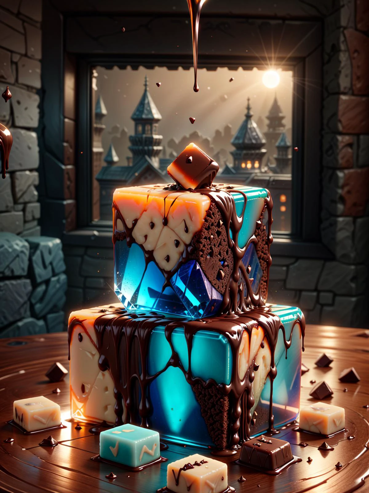 (((videogame_style))), lineart:1.2, (sharp focus:1.2), lineart, flat color, monochrome, greyscale, ((brown cocoa chocolate cubes and white vanilla chocolate cubes made of ral-ntrgmstn <lora:ral-ntrgmstn:0.7>)), (moody lightning:1.2), soft grey light, depth of field, bokeh, 4k, HDR,, beautiful brown cocoa chocolate cubes and white vanilla chocolate cubes Illuminated by the ethereal glow of studio lightning, the light is reflecting shadows on the blue saphirs, the light reflection sparcles around it, the harmonic play of light and shadow underlines the natural beauty of the brown cocoa chocolate cubes and white vanilla chocolate cubes,, (the form is velvety and silky curved:1.2), (high contrast to catch the play of light and shadows),, one brown cocoa chocolate cubes and white vanilla chocolate cubes:(For the viewer, the desserts appears alive, as if a glimpse of her inner sparkle is possible),,simple light grey background, by night, peacful and grateful atmosphere, painted hearts, magical atmosphere, (flying chocolate sprinkles inside a transparent crystal cube) on a dessert table in front of a bright window, the moonlight casts a beam of light onto the desserts and seems to melt your ice cube in which the schocolate desserts are located, water mist emanates from the cube, award winning art <lora:more_details:0.8> <lora:dAIversity-LoRAtest-Photoreal-SD15-01:0.9>,, deserted space, landscape, detail colour is gold, magical atmosphere, fairytale like, cubes are decorated with melted chocolate <lora:ral-melting:0.4>