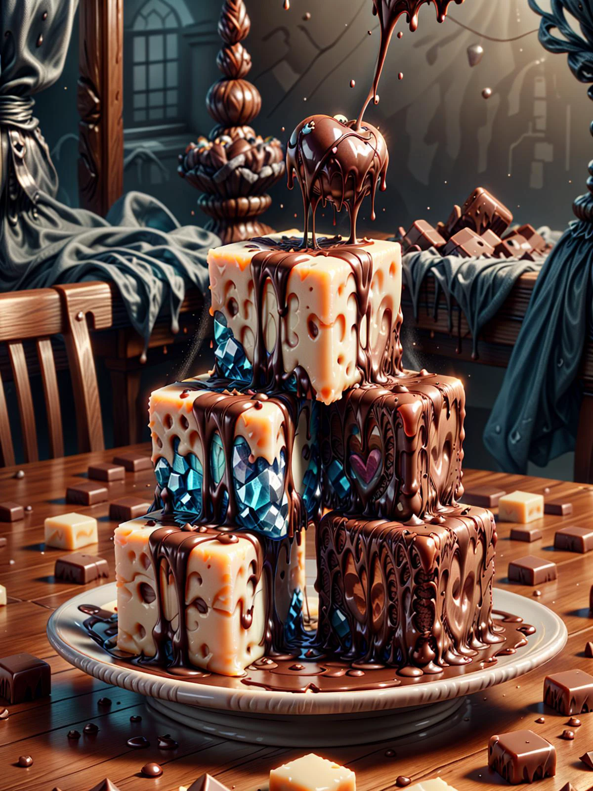 (((videogame_style))), lineart:1.2, (sharp focus:1.2), lineart, flat color, monochrome, greyscale, ((brown cocoa chocolate cubes and white vanilla chocolate cubes made of ral-ntrgmstn <lora:ral-ntrgmstn:0.7>)), (moody lightning:1.2), soft grey light, depth of field, bokeh, 4k, HDR,, beautiful brown cocoa chocolate cubes and white vanilla chocolate cubes Illuminated by the ethereal glow of studio lightning, the light is reflecting shadows on the blue saphirs, the light reflection sparcles around it, the harmonic play of light and shadow underlines the natural beauty of the brown cocoa chocolate cubes and white vanilla chocolate cubes,, (the form is velvety and silky curved:1.2), (high contrast to catch the play of light and shadows),, one brown cocoa chocolate cubes and white vanilla chocolate cubes:(For the viewer, the desserts appears alive, as if a glimpse of her inner sparkle is possible),,simple light grey background, by night, peacful and grateful atmosphere, painted hearts, magical atmosphere, (flying chocolate sprinkles inside a transparent crystal cube) on a dessert table in front of a bright window, the moonlight casts a beam of light onto the desserts and seems to melt your ice cube in which the schocolate desserts are located, water mist emanates from the cube, award winning art <lora:more_details:0.8> <lora:dAIversity-LoRAtest-Photoreal-SD15-01:0.9>,, deserted space, landscape, detail colour is gold, magical atmosphere, fairytale like, cubes are decorated with melted chocolate <lora:ral-melting:0.7>