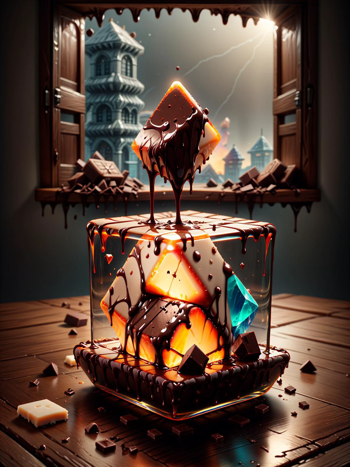 (((videogame_style))), lineart:1.2, (sharp focus:1.2), lineart, flat color, monochrome, greyscale, ((brown cocoa chocolate cubes and white vanilla chocolate cubes made of ral-ntrgmstn <lora:ral-ntrgmstn:0.7>)), (moody lightning:1.2), soft grey light, depth of field, bokeh, 4k, HDR,, beautiful brown cocoa chocolate cubes and white vanilla chocolate cubes Illuminated by the ethereal glow of studio lightning, the light is reflecting shadows on the blue saphirs, the light reflection sparcles around it, the harmonic play of light and shadow underlines the natural beauty of the brown cocoa chocolate cubes and white vanilla chocolate cubes,, (the form is velvety and silky curved:1.2), (high contrast to catch the play of light and shadows),, one brown cocoa chocolate cubes and white vanilla chocolate cubes:(For the viewer, the desserts appears alive, as if a glimpse of her inner sparkle is possible),,simple light grey background, by night, peacful and grateful atmosphere, painted hearts, magical atmosphere, (flying chocolate sprinkles inside a transparent crystal cube) on a dessert table in front of a bright window, the moonlight casts a beam of light onto the desserts and seems to melt your ice cube in which the schocolate desserts are located, water mist emanates from the cube, award winning art <lora:more_details:0.8> <lora:dAIversity-LoRAtest-Photoreal-SD15-01:0.9>,, deserted space, landscape, detail colour is gold, magical atmosphere, fairytale like, cubes are decorated with melted chocolate <lora:ral-melting:0.4>