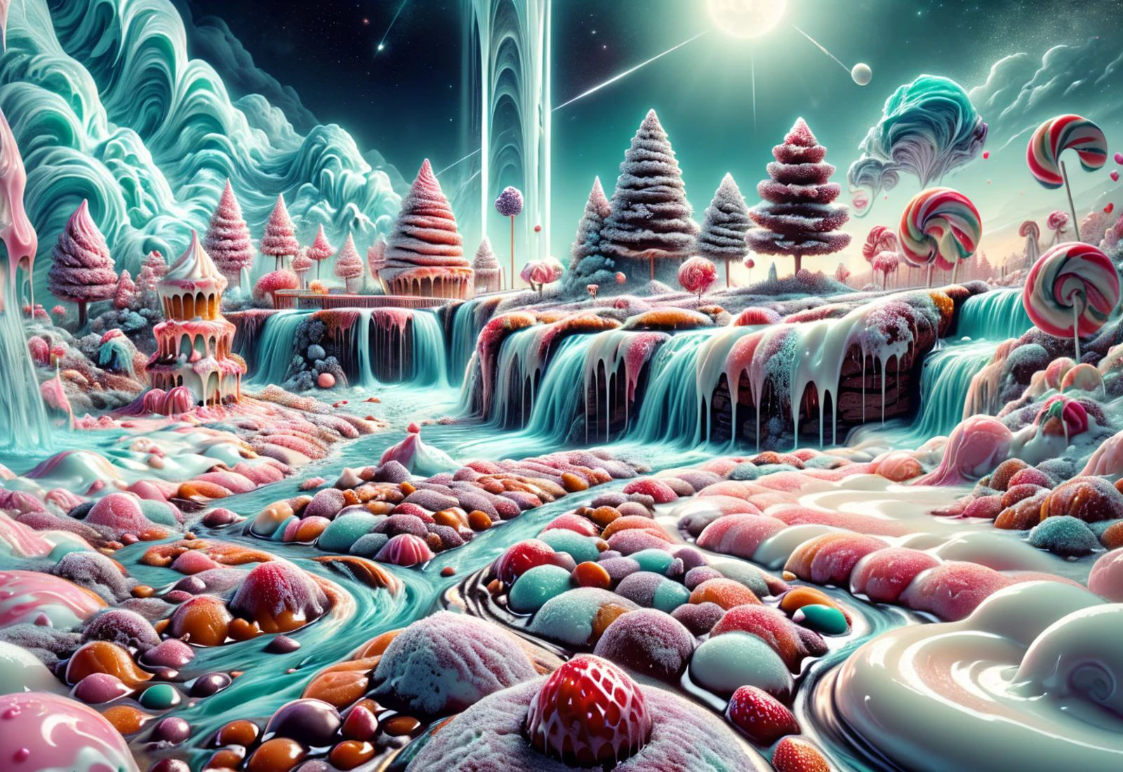 (((land of milk and honey, a fantasy landscape made of sweets and ice: a lake made of strawberry milk, small vanilla chocolate pieces swim in it, , , the strawberry milk lake is surrounded by multicoloured macarons and pastry sticks, , , the landscape consists of peppermint ice cream, , , in the background is a waterfall made of caramel cream flowing into the strawberry lake, , , powdered sugar blows in the wind and covers the land of milk and honey, , , the atmosphere is magical, sweet and fairytale-like))), (sharp focus:1.2), flat color, monochrome, greyscale,, by night, peacful and grateful atmosphere, painted hearts, magical atmosphere, the moonlight casts a beam of light onto the landscape made of desserts, award winning art,, deserted space, fantasy food landscape, detail colour is purple, magical atmosphere, fairytale like, The landscape made of sweets is decorated with white powdered sugar and cream, DonMC4ndyL4nd <lora:DonMC4ndyL4nd:1>, cream made of ral-melting <lora:ral-melting:0.8>