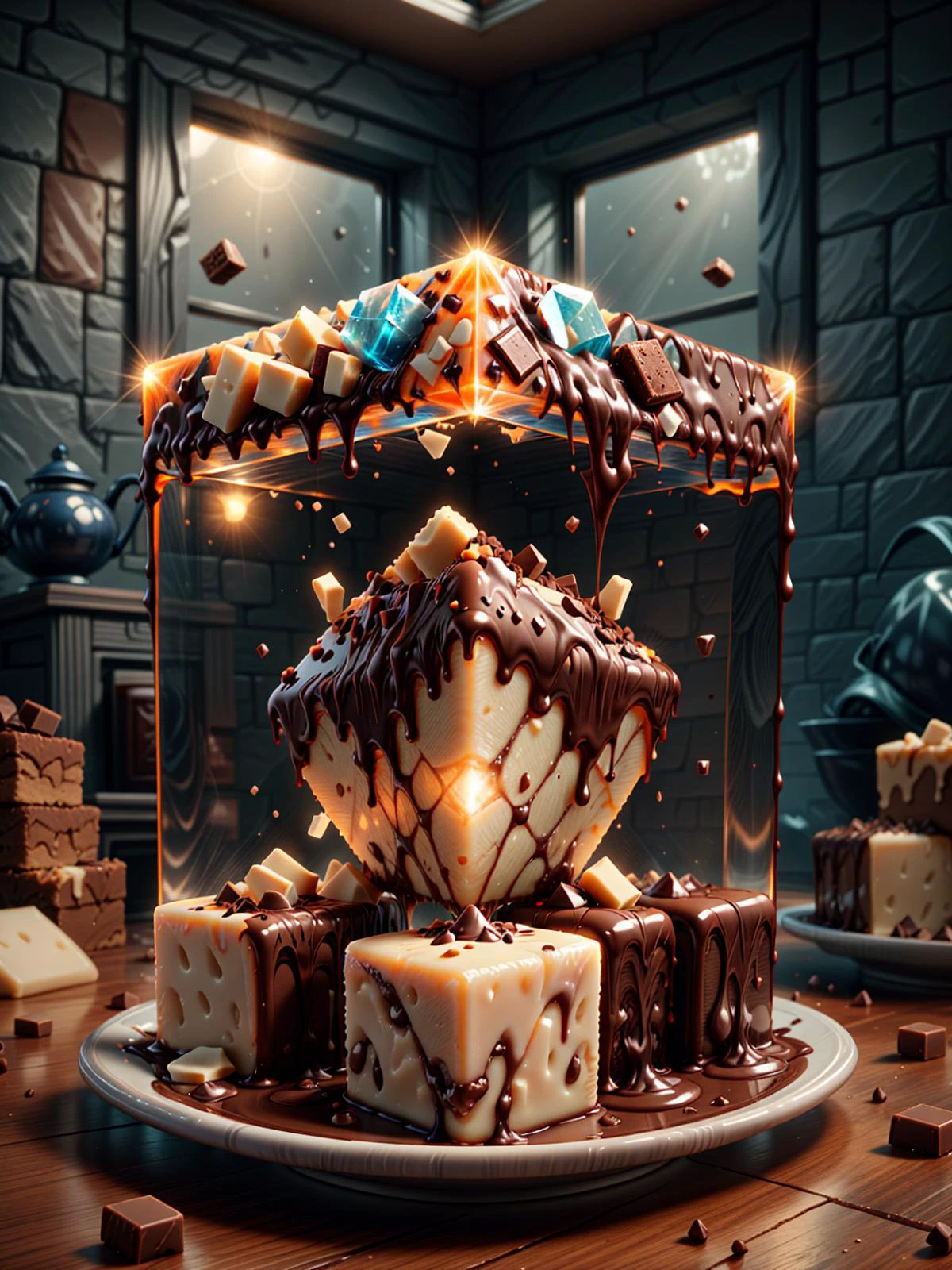 (((videogame_style))), lineart:1.2, (sharp focus:1.2), lineart, flat color, monochrome, greyscale, ((brown cocoa chocolate cubes and white vanilla chocolate cubes made of ral-ntrgmstn <lora:ral-ntrgmstn:0.7>)), (moody lightning:1.2), soft grey light, depth of field, bokeh, 4k, HDR,, beautiful brown cocoa chocolate cubes and white vanilla chocolate cubes Illuminated by the ethereal glow of studio lightning, the light is reflecting shadows on the blue saphirs, the light reflection sparcles around it, the harmonic play of light and shadow underlines the natural beauty of the brown cocoa chocolate cubes and white vanilla chocolate cubes,, (the form is velvety and silky curved:1.2), (high contrast to catch the play of light and shadows),, one brown cocoa chocolate cubes and white vanilla chocolate cubes:(For the viewer, the desserts appears alive, as if a glimpse of her inner sparkle is possible),,simple light grey background, by night, peacful and grateful atmosphere, painted hearts, magical atmosphere, (flying chocolate sprinkles inside a transparent crystal cube) on a dessert table in front of a bright window, the moonlight casts a beam of light onto the desserts and seems to melt your ice cube in which the schocolate desserts are located, water mist emanates from the cube, award winning art <lora:more_details:0.8> <lora:dAIversity-LoRAtest-Photoreal-SD15-01:0.9>,, deserted space, landscape, detail colour is gold, magical atmosphere, fairytale like, cubes are decorated with melted chocolate <lora:ral-melting:0.4>