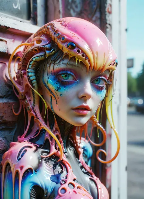 Ombre color scheme of neon pink, neon blue, neon yellow, neon green, neon orange, cinematic photo big eyed alien, (Tentacle :1.1) (preying mantis:1.1) naoto hattori, jeremy lipking, neon glitch, subsurface scattering, Photorealistic, Hyperrealistic, analog style, realistic, film photography, soft lighting, heavy shadow, 35mm photograph, film, professional, 4k, highly detailed <lora:GigerRainbowXL:0.49> g1h3r, <lora:ral-melting-sdxl:0.32> ral-melting<lora:envyStarlight_v10:0.8> <lora:fx-monsters-XL:0.36>, subsurface scattering, Photorealistic, Hyperrealistic, analog style, realistic, film photography, soft lighting, heavy shadow