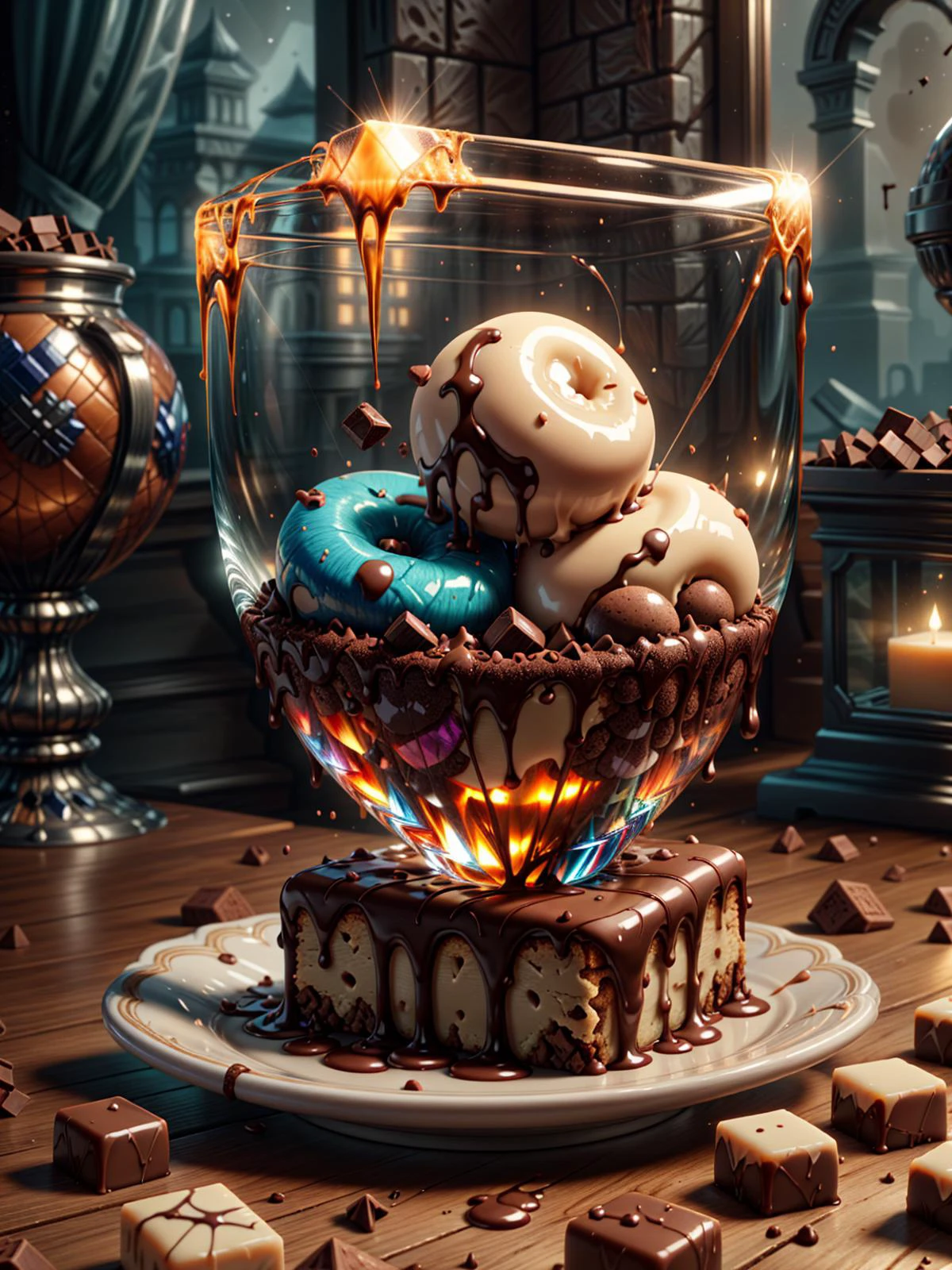 (((videogame_style))), lineart:1.2, (sharp focus:1.2), lineart, flat color, monochrome, greyscale, ((brown cocoa chocolate cubes and white vanilla chocolate cubes made of ral-ntrgmstn <lora:ral-ntrgmstn:0.7>)), (moody lightning:1.2), soft grey light, depth of field, bokeh, 4k, HDR,, beautiful brown cocoa chocolate cubes and white vanilla chocolate cubes Illuminated by the ethereal glow of studio lightning, the light is reflecting shadows on the blue saphirs, the light reflection sparcles around it, the harmonic play of light and shadow underlines the natural beauty of the brown cocoa chocolate cubes and white vanilla chocolate cubes,, (the form is velvety and silky curved:1.2), (high contrast to catch the play of light and shadows),, one brown cocoa chocolate cubes and white vanilla chocolate cubes:(For the viewer, the desserts appears alive, as if a glimpse of her inner sparkle is possible),,simple light grey background, by night, peacful and grateful atmosphere, painted hearts, magical atmosphere, (flying chocolate sprinkles inside a transparent crystal cube) on a dessert table in front of a bright window, the moonlight casts a beam of light onto the desserts and seems to melt your ice cube in which the schocolate desserts are located, water mist emanates from the cube, award winning art <lora:more_details:0.8> <lora:dAIversity-LoRAtest-Photoreal-SD15-01:0.9>,, deserted space, landscape, detail colour is gold, magical atmosphere, fairytale like, cubes are decorated with melted chocolate <lora:ral-melting:0.4>