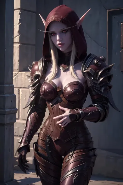realistic, realism, photorealism, photo-realistic, high contrast, (photorealistic:1.4), 8k high definition detailed realistic, (best quality, masterpiece:1.2), NSFW, photon mapping, radiosity, physically-based rendering, best quality, highly detailed,sylvanasw, elf, elf ear, red eyes, hood up, full body, looks at the viwer, smile,