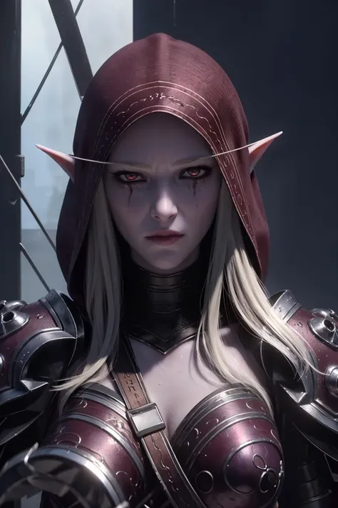 (masterpiece, best quality:1.3)
1girl, solo, long hair, breasts, red eyes, cleavage, medium breasts, upper body, white hair, horns, hood, cape, armor, tree, glowing, pointy ears, colored skin, feathers, elf, shoulder armor, pale skin, glowing eyes, cloak, spikes, hood up, forest, pauldrons, skull, arrow \(projectile\), shoulder pads, undead, In a hauntingly beautiful, moonlit forest, a powerful and enigmatic elf stands tall, exuding an aura of dark magic and mystery. This is Sylvanas, the legendary Windrunner, inspired by the iconic character from World of Warcraft,Sylvanas's skin has a striking, ashen gray hue, a testament to her mastery over the shadows. Her pointed ears, a hallmark of her elven heritage, are adorned with intricate, silver piercings that seem to shimmer in the faint moonlight. Her eyes burn with an otherworldly intensity, as if they hold the secrets of the forest and the whispers of the wind.She wears a flowing, purple hooded cloak, its edges embroidered with intricate, silver thread that resembles the delicate patterns found on a spider's web. The cloak billows behind her like a dark cloud, as if it's alive and feeding off the shadows. A quiver full of arrows, each one meticulously crafted with razor-sharp tips and adorned with tiny, glowing runes, hangs at her hip. The arrows seem to hum with dark energy, as if they're infused with the power of the forest.In her hand, Sylvanas grasps a magnificent, ornate longbow, its wood polished to a dark, mirror-like