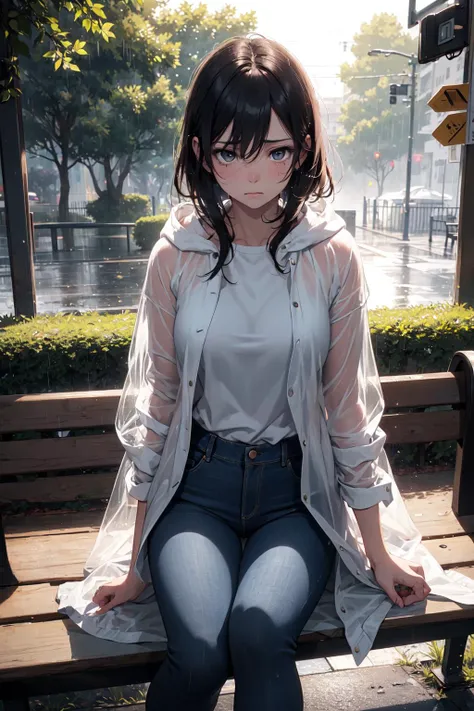 wallpaper, majestic, ultra realistic cg, portrait, sharp focus, a photo of a beautiful woman, perfect slim body, standing model pose, melancholic, sad face, wearing a long raincoat, jeans, sitting on a park bench, tears in eyes, looking down, rainiy day, sundown, volumetric lighting, extremely detailed