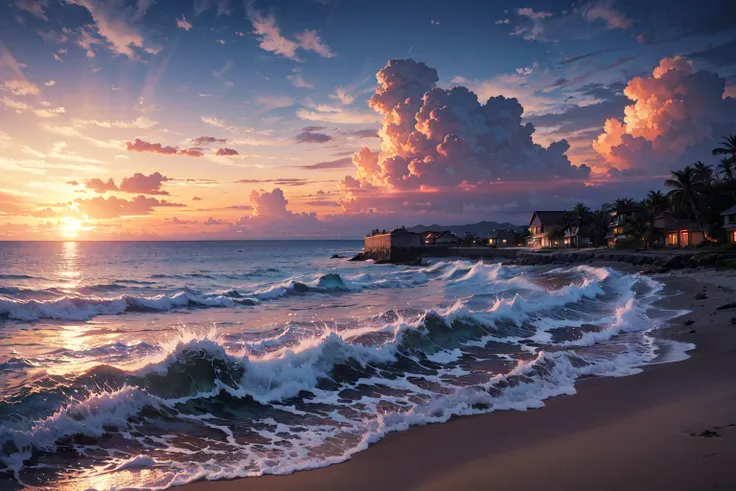 wallpaper, majestic, masterpiece, ultra realistic cg, sharp focus, scenery, a photo of the caribbean beach sundown, volumetric lighting, extremely detailed