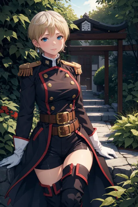 tenkaizumo, mature female, mature face, hair ornament, military uniform, coat, black shorts, epaulettes, brown belt, thigh boots, white gloves, day, ambient lighting, garden, <lora:IzumoTenkaV2:0.8>