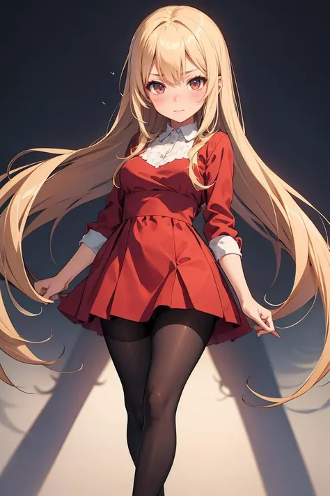 (masterpiece, best quality), 1girl, blonde hair, red dress, pantyhose, cute face, blush,