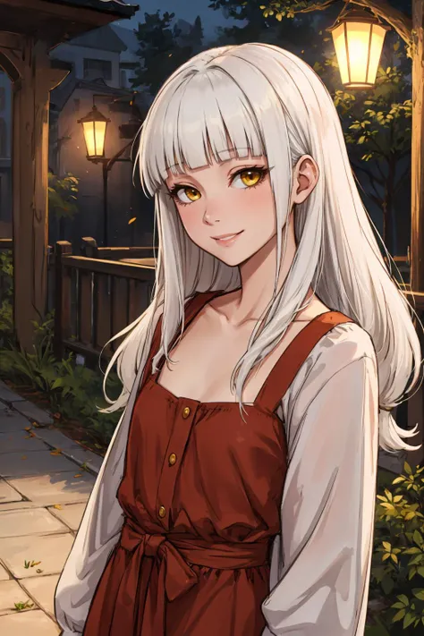 1girl, mature female, mature face, hazel yellow eyes, white hair, long hair, hime cut, blunt bangs, flat chest, subtle smile, looking at viewer, park, ambient lighting