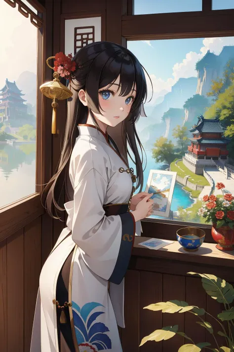 1girl, artistic Water color painting, intricate details, long shot of a Handsome Melancholy ("The establishment of the Han Dynasty in China":1.3) , from inside of a Good Cabin, lush flowers with Shrub, Sun in the sky, equirectangular 360, Cel shading, Regret, Trendercore, flat lighting, Zoom lens, Cinestill, quantum wavetracing, hearthstone artwork, octane engine, absurdres, (art by Leonardo da Vinci:0.8) , (Sana Takeda:0.7)