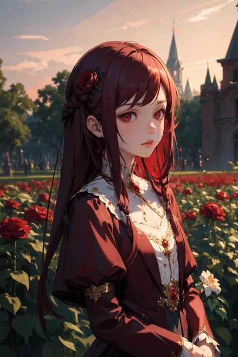 (masterpiece enchanting style, best quality, dusk:1.3), a cute russian girl, portrait-type, mahogany, skinny, sick, burgundy prom hairstyle, bronzer, flower garden background, Extensive, trending on Sketchfab, nsfw