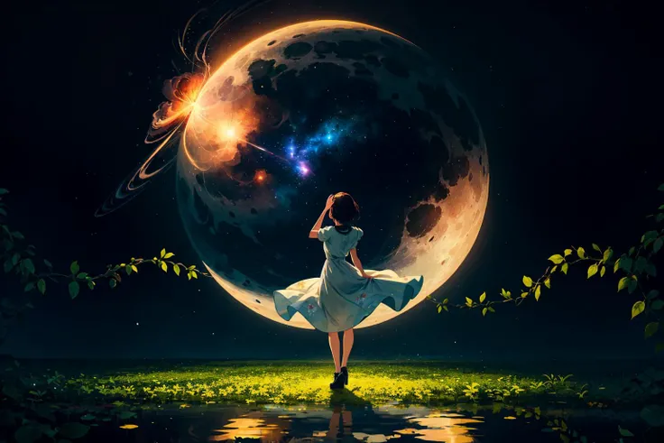 1girl, glowing, abstract, flower, leaf, vines, floral work, abstract, simplicity, light from up, reflecting floor, floral print, white, pose, contrapposto, stars, nebula, moon