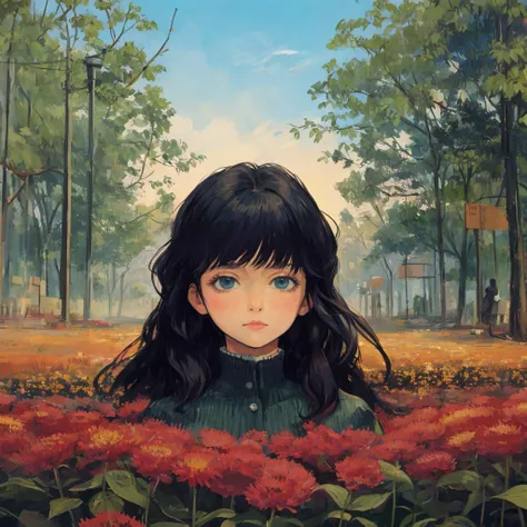 scenery, 1girl, post impressionism art, van gogh style, long hair, abstract, flowers , leaf