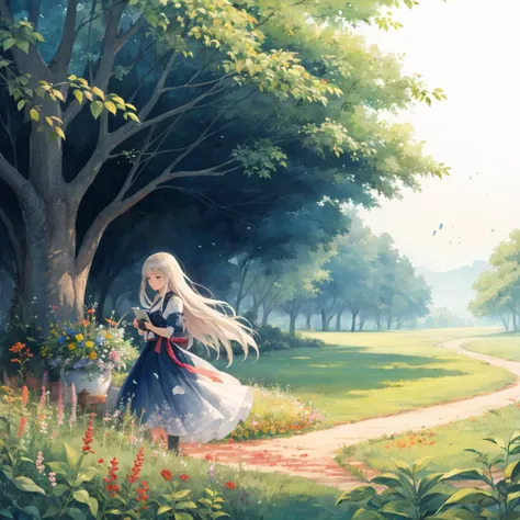 scenery, 1girl, watercolor style, long hair, abstract, flowers , leaf, whitework