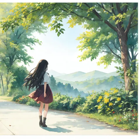 scenery, 1girl, watercolor style, long hair, abstract, flowers , leaf, whitework
