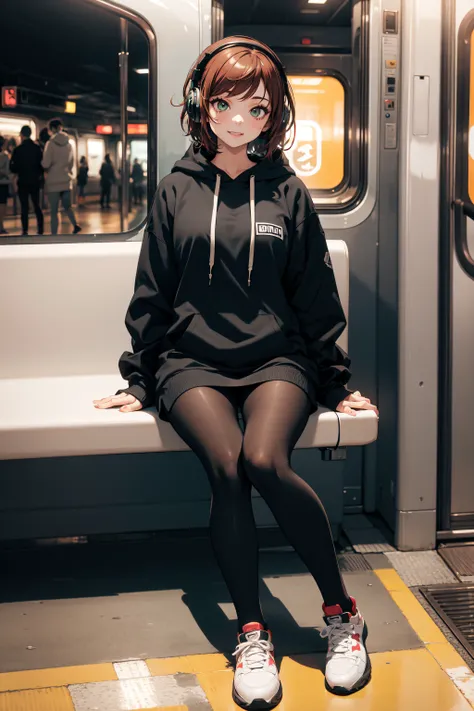 (masterpiece:1.2, best quality, absurd res, ultra detailed), solo, fullbody, 1girl, 20 years old, auburn hair, short hair, green eyes, eye shadow, eyeliner, long eyelashes, perfect slim body, seductive smile, medium breasts, oversized hoodie, headphones, seamless pantyhose, sneaker, sitting in a train, legs crossed, nighttime