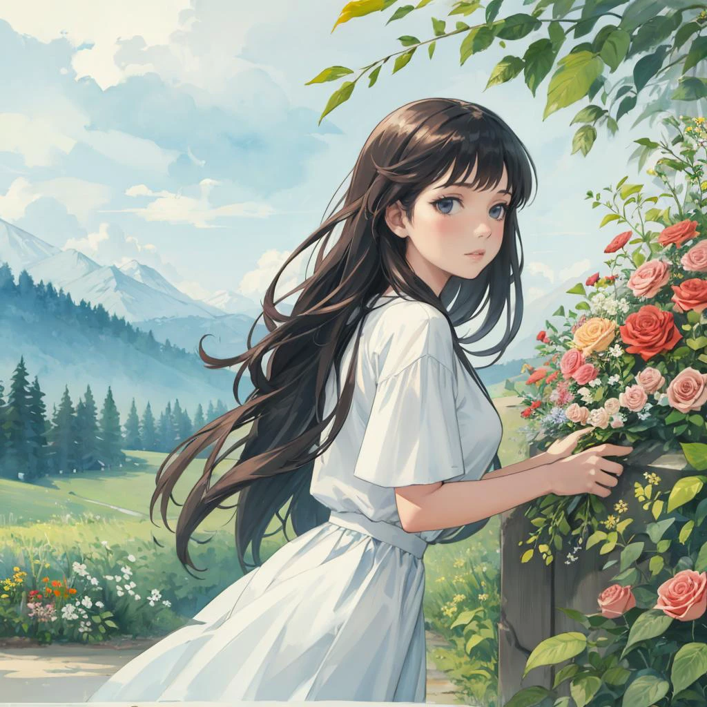 scenery, 1girl, watercolor style, long hair, abstract, flowers , leaf, whitework