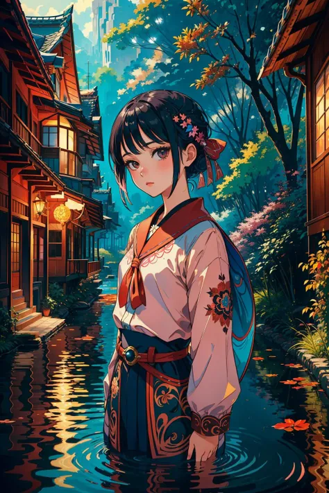 1girl, (stylized by Gustave De Smet:1.1) , epic Cinematic still, lush fauna with Chestnut, fairy tale, majestic, High exposure of a Conceptual Symbolic Heisei Era ([Zodiacal light:Catalpa:5]:1.3) , it is with dark pink embroidery, it has ornate details, near Crowded Water treatment plant, Fall, Wide view, Screen print, Grim, Neo-Fauvism, Side lighting, Fish-eye Lens, Polychromatic, overly complex style, multidimensional, arthouse, award winning