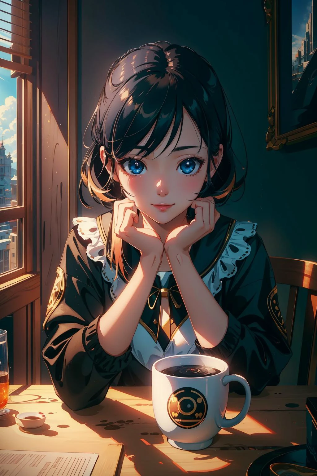 1girl, (figurativism art designed by Alan Kenny:0.9) , masterwork Unreal Engine, Duckcore, award winning, POV shot of a ("The Mug of Happiness":1.3) , it is very Adroit and Lifelike, dense city with Peony, Sunny, deep focus, Masterpiece, Dark, rim light, macro lens, Cold Colors, Zodiacal light, raytraced reflections, trending on CGSociety, arthouse