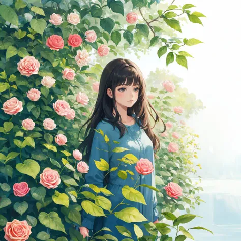 scenery, 1girl, watercolor style, long hair, abstract, flowers , leaf, whitework