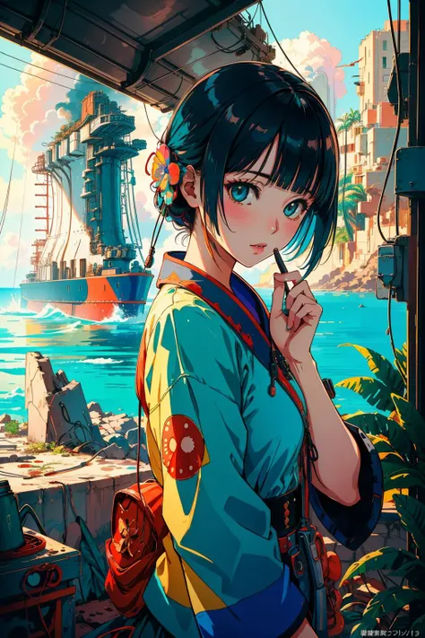 1girl, colorful dystopian style, Pixel Art, insane details, extreme close-up shot of a Macanese ([Leaf:Nuclear submarine:5]:1.3) , the Nuclear submarine is very [Feigned:Masterpiece:3] and Tropical, it has pretty details, it is covered in Rubble, inside a Rugged jungle, dense flowers with Hummingbird feeder, Bathed in shadows, horizon-centered, Movie still, Manic, cinematic lighting, 80mm, anaglyph effect, vintage, sgraffito, extremely beautiful, adobe lightroom, [ (street art by Bordalo II:1.3) : (Range Murata:1.0) :5]