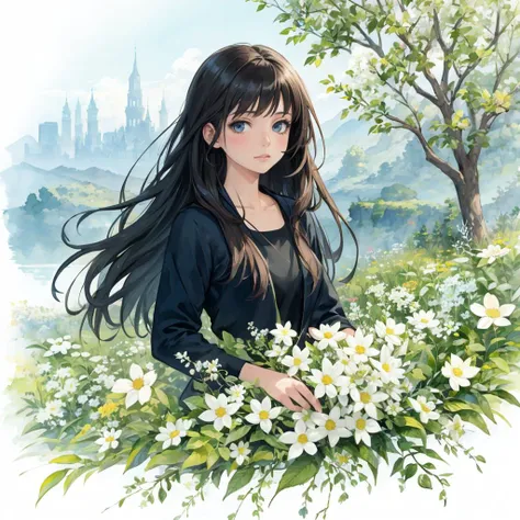 scenery, 1girl, watercolor style, long hair, abstract, flowers , leaf, whitework