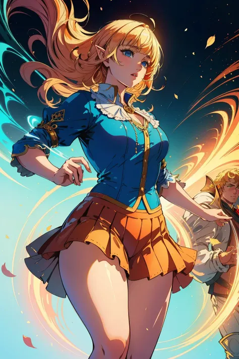 1girl, detailed illustration by anna dittmann, Baroque Adroit chubby Ukrainian (Male [Golem|Owen Wilson]:1.3) , he is reimagined as a Street Fighter game character as a Ballroom Dancer, dressed in a very Exquisite Abhorrent Red Denim shorts and 1960'S deep indigo Pleated skirt and tucked-in blouse, he has Elvish hair, ethereal and dreamlike, delicate lines, soft colors, fantastical