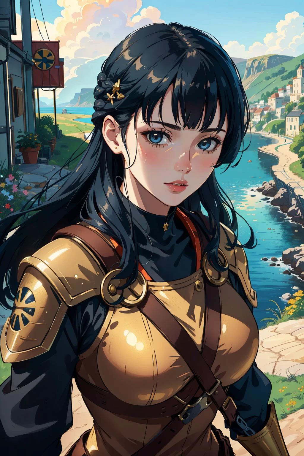 1girl, [ (vibrant art by Callie Fink:0.8) : (Gary Hume:1.2) :18], detailed landscape shot with, dark orange hillside and garden, alluring, full shot of a Dramatic Pop hefty Nautical (Female Siege engineer:1.3) , in a Mundane setting, her hair is Irish and styled as Bob with bangs, Tempting ice cream stand in background, Spring, Very wide view, Cel shading, Dark and Gritty, Medieval art, hard light, F/5, Electic Colors, halation, Gold Leafing, sharp and in focus, photo-realistic face, trending on artstation, ultra high res, outdoors