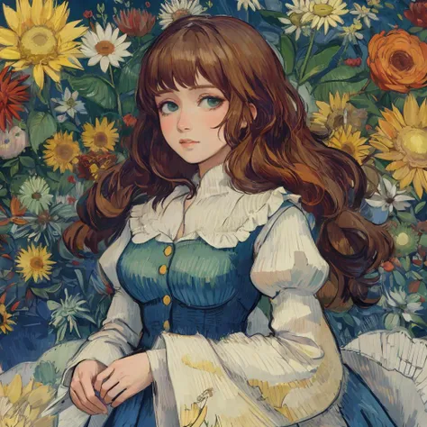 1girl, post impressionism art, van gogh style, long hair, abstract, flowers , leaf