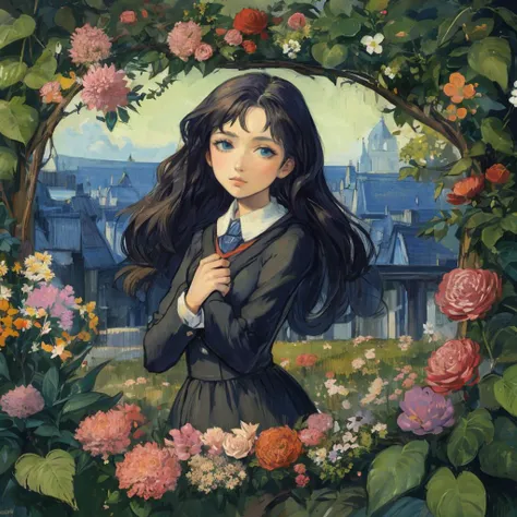1girl, post impressionism art, van gogh style, long hair, abstract, flowers , leaf
