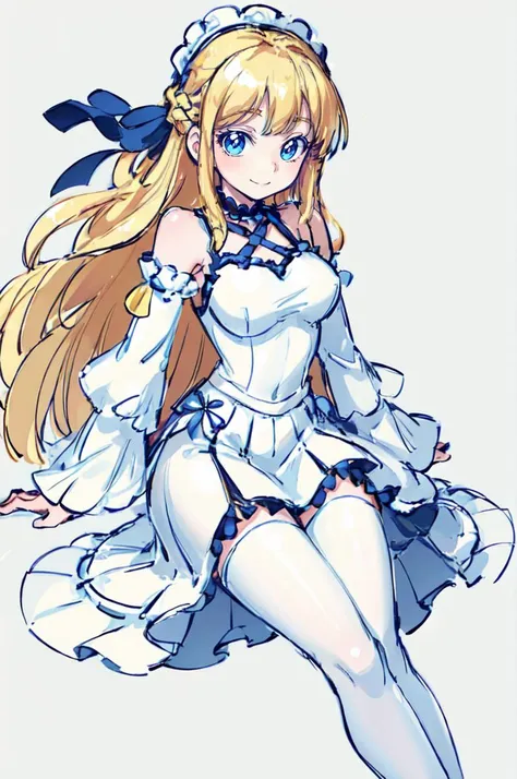 <lora:Kamitora_Style_5:0.7> white and blue theme,, ultra detailed, masterpiece, best quality, solo, soft smile, light smile,
1girl, blue eyes, very long hair, blonde hair, long blonde hair, french braid, bangs, medium breasts,
hair ribbon, frilled choker, criss-cross halter, sleeveless dress, high-waist skirt, backless dress, waist bow, detached sleeves, frilled sleeves, wide sleeves, pantyhose, patterned legwear, mary janes,