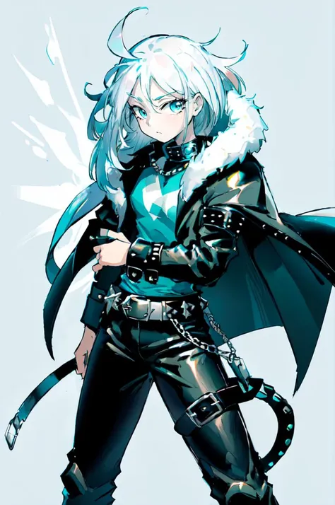 <lora:Kamitora_4:0.8>, ultra detailed, masterpiece, best quality, solo, 1boy, teal eyes, <lora:Tsurime3:1>, (tsurime:1.2), parted bangs, white hair, medium hair, straight hair, shoulder-length hair, male focus, coat, shirt, pants, studded belt, multiple belts, combat boots, torn clothes, necklace, black coat, black and green theme,