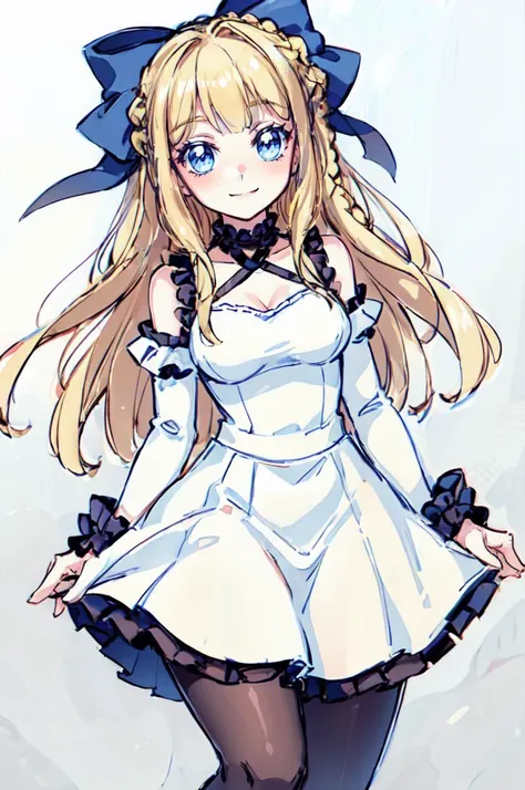 <lora:Kamitora_Style_5:0.7> white and blue theme,, ultra detailed, masterpiece, best quality, solo, soft smile, light smile,
1girl, blue eyes, very long hair, blonde hair, long blonde hair, french braid, bangs, medium breasts,
hair ribbon, frilled choker, criss-cross halter, sleeveless dress, high-waist skirt, backless dress, waist bow, detached sleeves, frilled sleeves, wide sleeves, pantyhose, patterned legwear, mary janes,