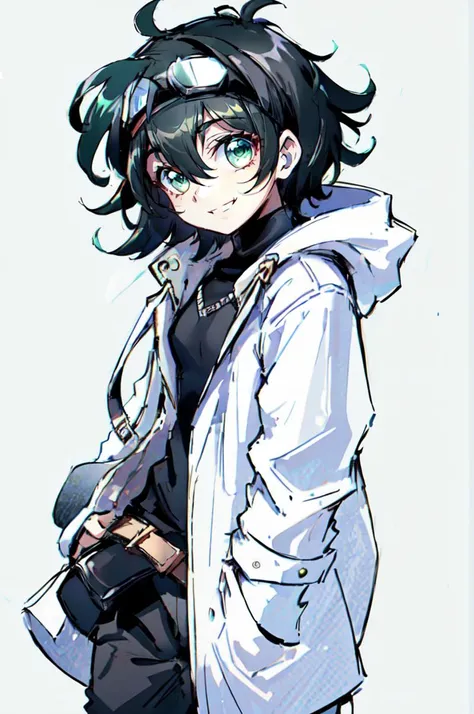 <lora:Kamitora_4:0.8>, ultra detailed, masterpiece, best quality, solo, smile, 1boy, green eyes, short hair, black hair, bangs, hair between eyes, messy hair, goggles on head, headband, white coat, hooded coat, hood down, open coat, turtleneck, capri pants, pants, black knee boots,