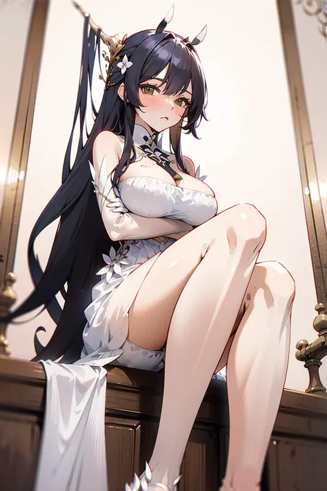 <lora:indomitable_v1.0:0.8>,indomitable\(azur lane\), \(origen\),white_dress,indoors,from below, looking at viewer, blush, sitting, foot focus,arms at sides, masterpiece, best quality, extremely detailed face, sharp details, high contrast,