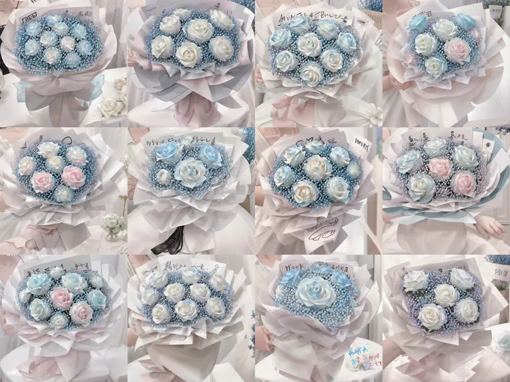 bouquet,pink rose,blue gypsophila paniculata,white rose,white packing,holding bouquet, <lora:BouquetLatin_V13:1>