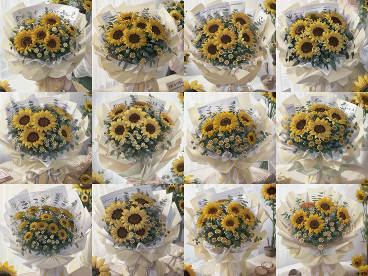 bouquet,yellow rose,pyrethrum parthenium,sunflower,eucalyptus,yellow packing ,eucalyptus,<lora:BouquetLatin_V13:1>
